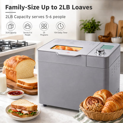 Bread Maker Machine, 25 in 1 Automatic Stainless Steel Bread Machine, 3 Loaf Sizes up to 2 Lb.,3 Crust Colors,Non-stick,Beginner-Friendly Controls, 15 Hour Timer, Easy to Clean Low Noise