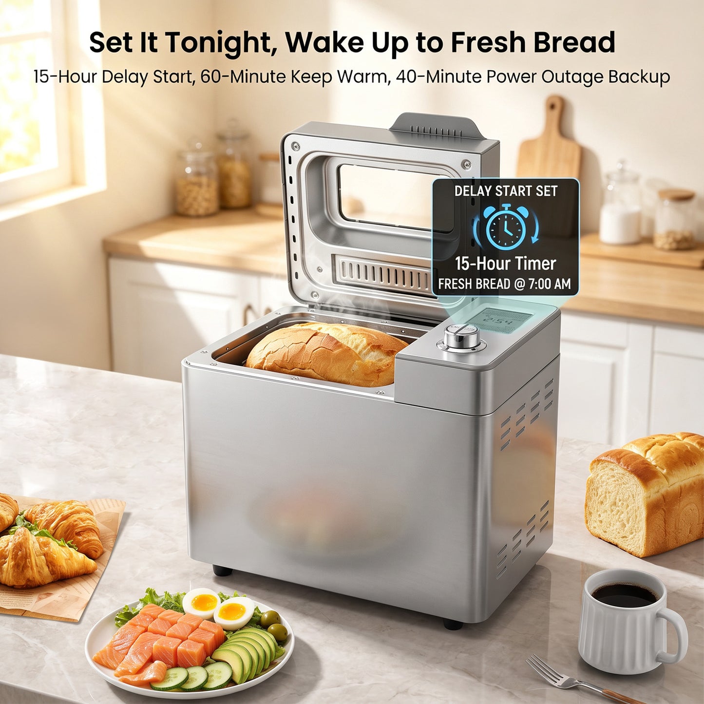 Bread Maker Machine, 25 in 1 Automatic Stainless Steel Bread Machine, 3 Loaf Sizes up to 2 Lb.,3 Crust Colors,Non-stick,Beginner-Friendly Controls, 15 Hour Timer, Easy to Clean Low Noise