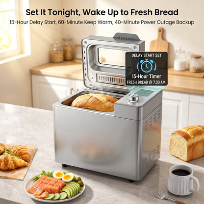Bread Maker Machine, 25 in 1 Automatic Stainless Steel Bread Machine, 3 Loaf Sizes up to 2 Lb.,3 Crust Colors,Non-stick,Beginner-Friendly Controls, 15 Hour Timer, Easy to Clean Low Noise