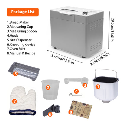Bread Maker Machine, 25 in 1 Automatic Stainless Steel Bread Machine, 3 Loaf Sizes up to 2 Lb.,3 Crust Colors,Non-stick,Beginner-Friendly Controls, 15 Hour Timer, Easy to Clean Low Noise
