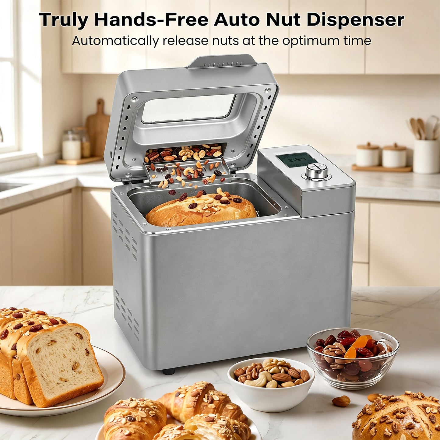 Bread Maker Machine, 25 in 1 Automatic Stainless Steel Bread Machine, 3 Loaf Sizes up to 2 Lb.,3 Crust Colors,Non-stick,Beginner-Friendly Controls, 15 Hour Timer, Easy to Clean Low Noise