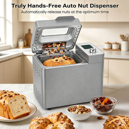 Bread Maker Machine, 25 in 1 Automatic Stainless Steel Bread Machine, 3 Loaf Sizes up to 2 Lb.,3 Crust Colors,Non-stick,Beginner-Friendly Controls, 15 Hour Timer, Easy to Clean Low Noise