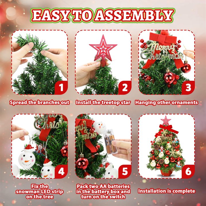 24" Mini Christmas Tree with LED Snowman Globe String Lights/Pine Cones Xmas Balls, Tabletop Christmas Tree with 36 Ornaments, Small Artificial Xmas Spruce Tree for Holiday Indoor Christmas Decor