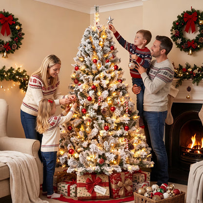 7ft Artificial Xmas Tree Realistic Reusable Snow Flocked Xmas Pine Tree with Dense Branches Metal Base for Holiday Decor 350 Lights