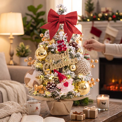 45cm Snow Flocked Mini Xmas Tree with Lights/Base Pinecones Red Berries Artificial Tabletop Xmas Tree for Festive Home Decor Golden