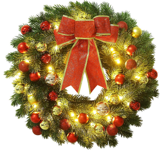 16 Inch Pre-Lit Christmas Wreath with Metal Hanger, Large Red Bow and Colored Balls, Battery Operated with Warm White 40 LEDs Lights, Front Door Spruce Lighted Wreath Xmas Decorations
