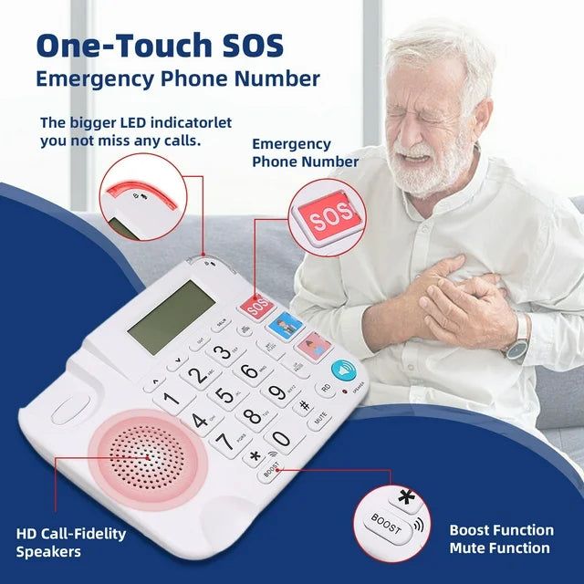 Large Key Wired Telephone, Dual Interface Wired Landline Phones with Caller ID/Hands-Free for Office, Big Button Corded Phones for Seniors, 3 Group One-Touch Dialing, Adjustable Volume & Ringing