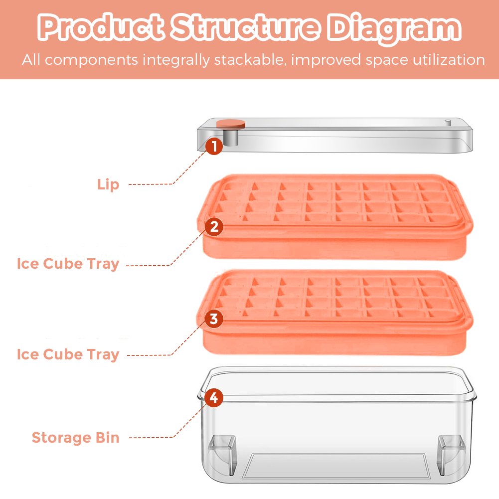 Ice Cube Tray for Freezer, 64 Nuggets Ice Cubes Molds with Lid and Bin, Silicone Ice Freezer Container, Spill- Removable Lid & Ice Scoop, for Whiskey,Cocktail ,Orange