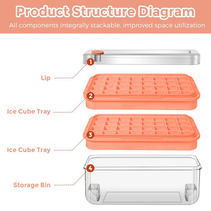 Ice Cube Tray for Freezer, 64 Nuggets Ice Cubes Molds with Lid and Bin, Silicone Ice Freezer Container, Spill- Removable Lid & Ice Scoop, for Whiskey,Cocktail ,Orange