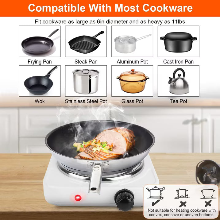 Electric Hot Plate for Cooking, 1000W Stainless Steel Electric Stove Burner with 5 Level Temperature Control, Portable Stove for Home Dorm Office Kitchen Camping Single Burner Electric Cooktop, White
