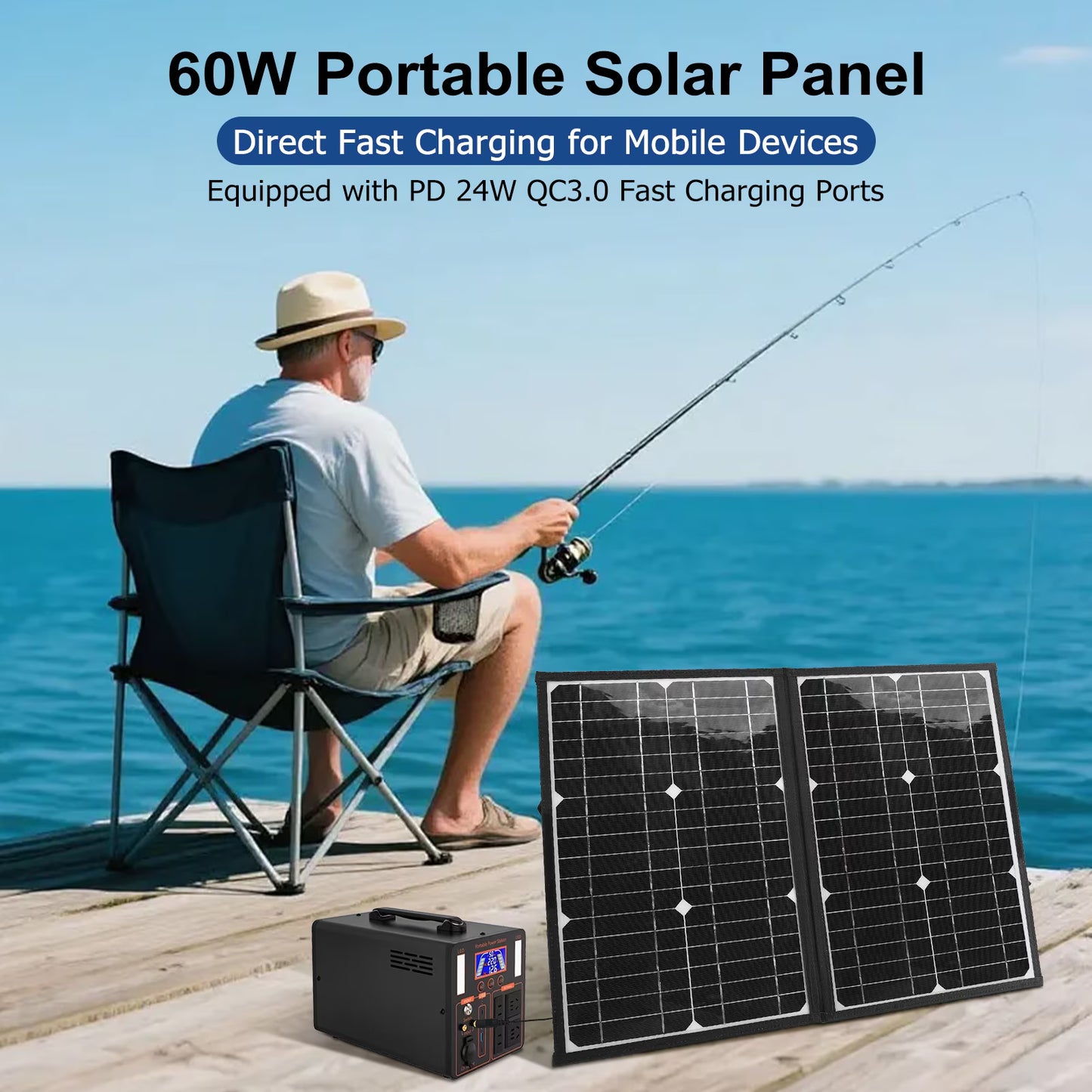 60W Portable Solar Panel Charger with USB C, USB A and DC 18V Outputs Foldable IP65 Waterproof Solar Panels with Adjustable Kickstand, Mini Charger for Phones, Power Bank, Camping, Hiking, Outdoor