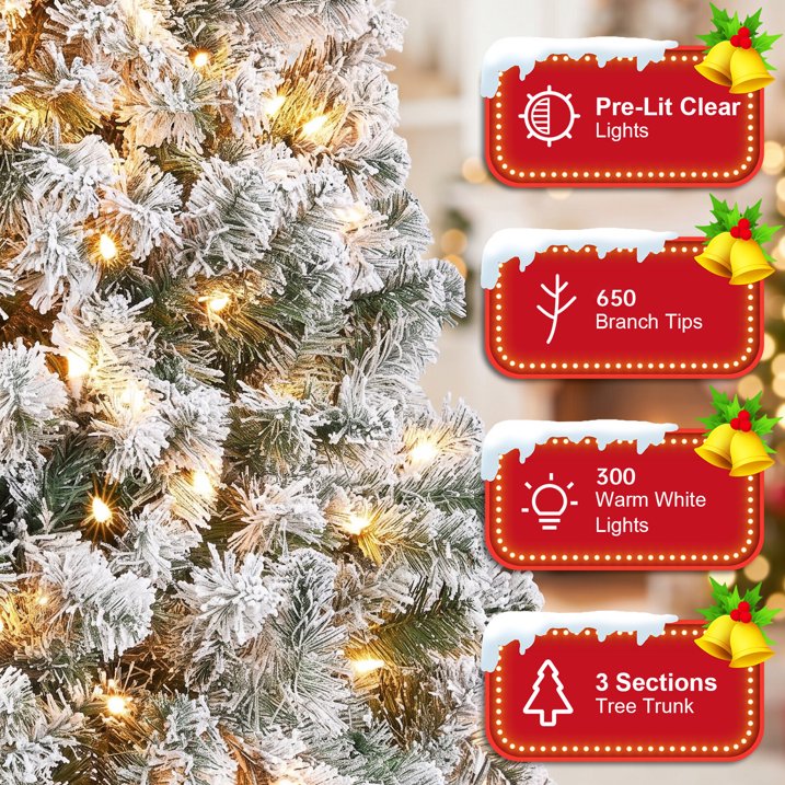 6ft Artificial Xmas Tree Realistic Reusable Snow Flocked Xmas Pine Tree with Dense Branches Metal Base for Holiday Decor Lights