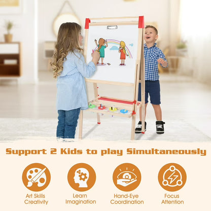 Wooden Art Easel, Adjustable Height Drawing Easel with Double Sided Whiteboard Chalkboard, Foldable Dry Erase Board with Accessories, Perfect Painting Gifts