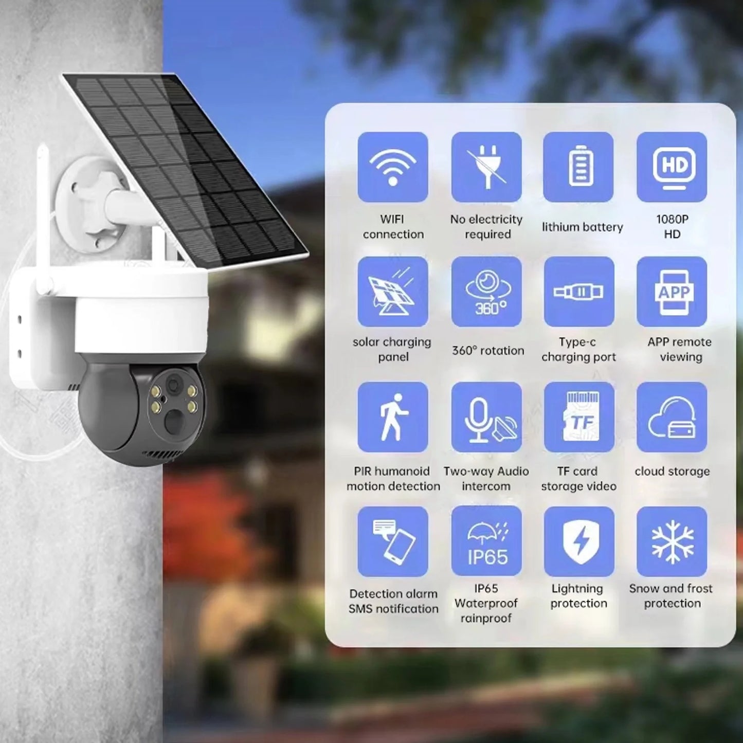 Solar Security Cameras Wireless Outdoor, 1080P WiFi Camera with Solar Panel Battery Powered Surveillance System IP65 Waterproof, Motion Sensor, 2-Way Audio, Color Night Vision, SD Card Support