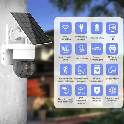 Solar Security Cameras Wireless Outdoor, 1080P WiFi Camera with Solar Panel Battery Powered Surveillance System IP65 Waterproof, Motion Sensor, 2-Way Audio, Color Night Vision, SD Card Support