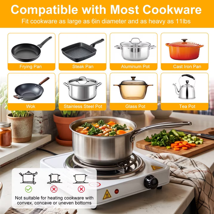Electric Countertop Single Burner, 1000W Cooktop with 6" Stainless Steel Coil Hot Plate, 5 Level Temperature Control, Indicator Light, Compact Cooking Stove and Easy to Clean, Whtie