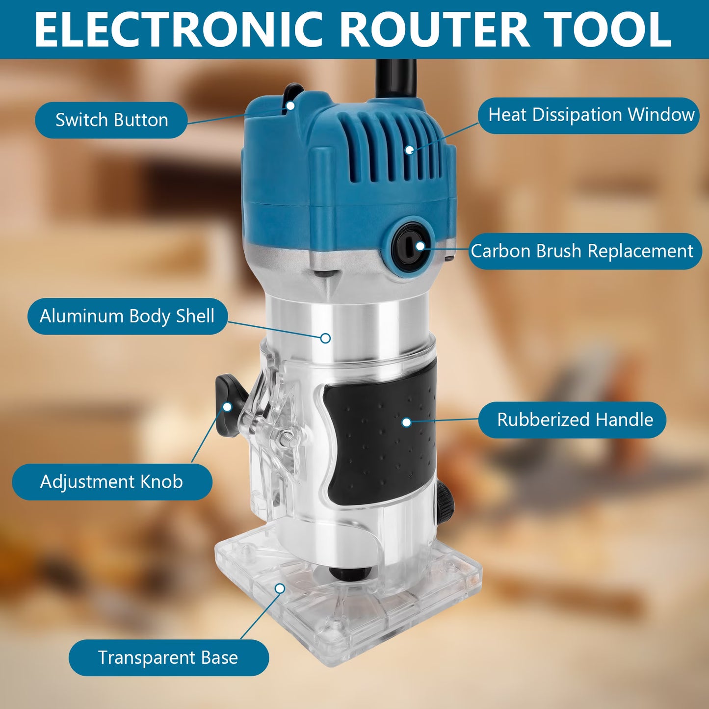 Compact Wood Router, 6 Amp 30000 RPM Palm Router Tool with 15-Piece 1/4" Router Bits Set & Accessories for Wood Trimming, DIY
