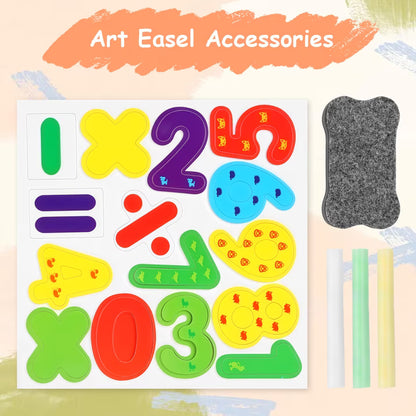 Painting Wooden Art Easel for Kids, 2-in-1 Double-Sided Drawing Board, Chalkboard & Dry Whiteboard with Markers, Eraser, Magnetic Letters/Numbers, Standing Easel Set for Xmas Birthday Holiday Gifts
