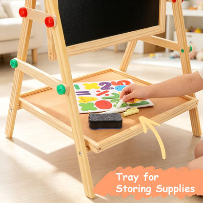 Painting Wooden Art Easel for Kids, 2-in-1 Double-Sided Drawing Board, Chalkboard & Dry Whiteboard with Markers, Eraser, Magnetic Letters/Numbers, Standing Easel Set for Xmas Birthday Holiday Gifts