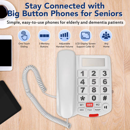 Large Button Phones for Seniors, Wired Telephone with Caller ID/Hands-Free for Office, Adjustable Amplified Volume Landline Phones for Visually/Hearing Impaired Elderly Emergency House Phones
