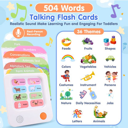 Talking Flash Cards for Toddlers Ages 1‑4, 504 Words English, Montessori Language Learning Toys with 36 Themes, Children's Sensory Toys, Pocket Speech Study Device, Birthday Gift for Boys Girls