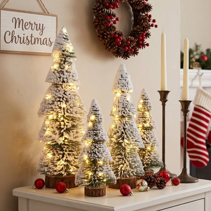 4Pcs Christmas Mini Trees with 9.8ft Light String,Artificial Snow Frost Christmas Trees in 4 Size Bottle Brush Xmas Tree w/ Wooden Base Xmas Pine Tree for Winter Holiday Party Home Table Crafts Decor