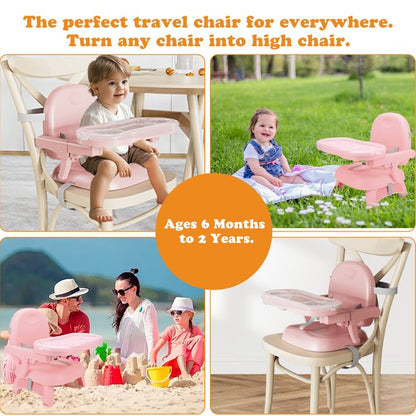 Baby Portable Booster Seat Adjustable Folding Baby Feeding Seat Toddler Chair for Children up to 33 lbs, Pink
