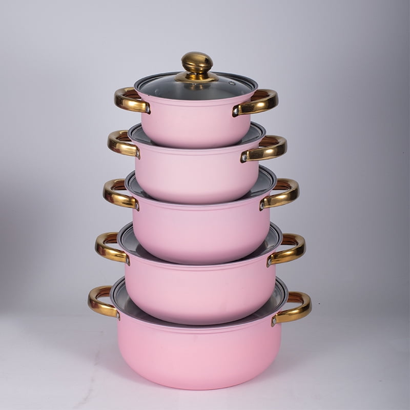 Stainless Steel Pots Sets 10-Piece, Kitchen Cookware Set Saucepan with Glass Lid Stockpot Soup Pot with 2 Ear Handle For Cooking Dishwasher , Pink
