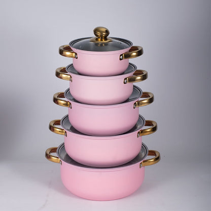 Stainless Steel Pots Sets 10-Piece, Kitchen Cookware Set Saucepan with Glass Lid Stockpot Soup Pot with 2 Ear Handle For Cooking Dishwasher , Pink