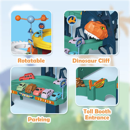 Dinosaur Rail Car Toys, Monster Trucks Race Track Playset, Winding Highway Space Dinosaur Hill Toy Ramp Track Set, Lifting Parking Lot with 4 Mini Racer Cars Gifts