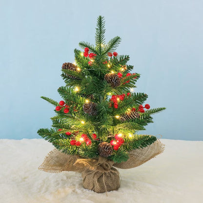 Mini Christmas Tree with LED Lights, 18 inch Small Xmas Tree with Red Berries & Pinecone, Easy Setup Table Decorations for Home, Office, Dining Table and Indoor Festive Displays