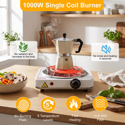 Electric Countertop Single Burner, 1000W Cooktop with 6" Stainless Steel Coil Hot Plate, 5 Level Temperature Control, Indicator Light, Compact Cooking Stove and Easy to Clean, Whtie
