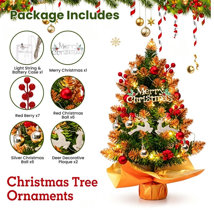 Mini Christmas Tree with Lights, Battery Operated 18 inch Small Artificial Table Top Christmas Tree Decoration with Red Berries, Ball Ornaments, Deer Ornaments DIY Holiday Home Office Indoor Decor
