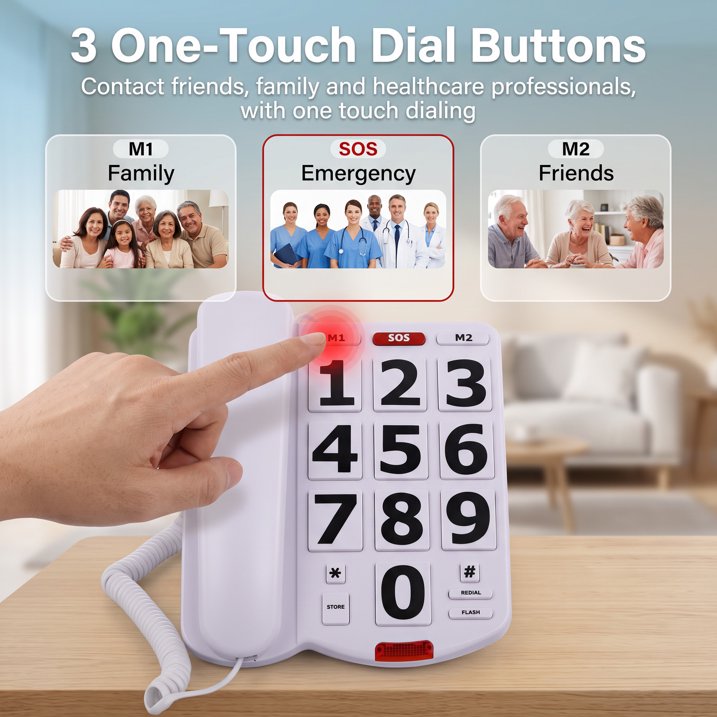 Large Button Phones for Seniors, Land Line Phones for Elderly, Big Button Home Telephone for the Visually Impaired, 110dB+ Amplified Ringer & 80dB+ Handset Volume for the Hearing Impaired Phone