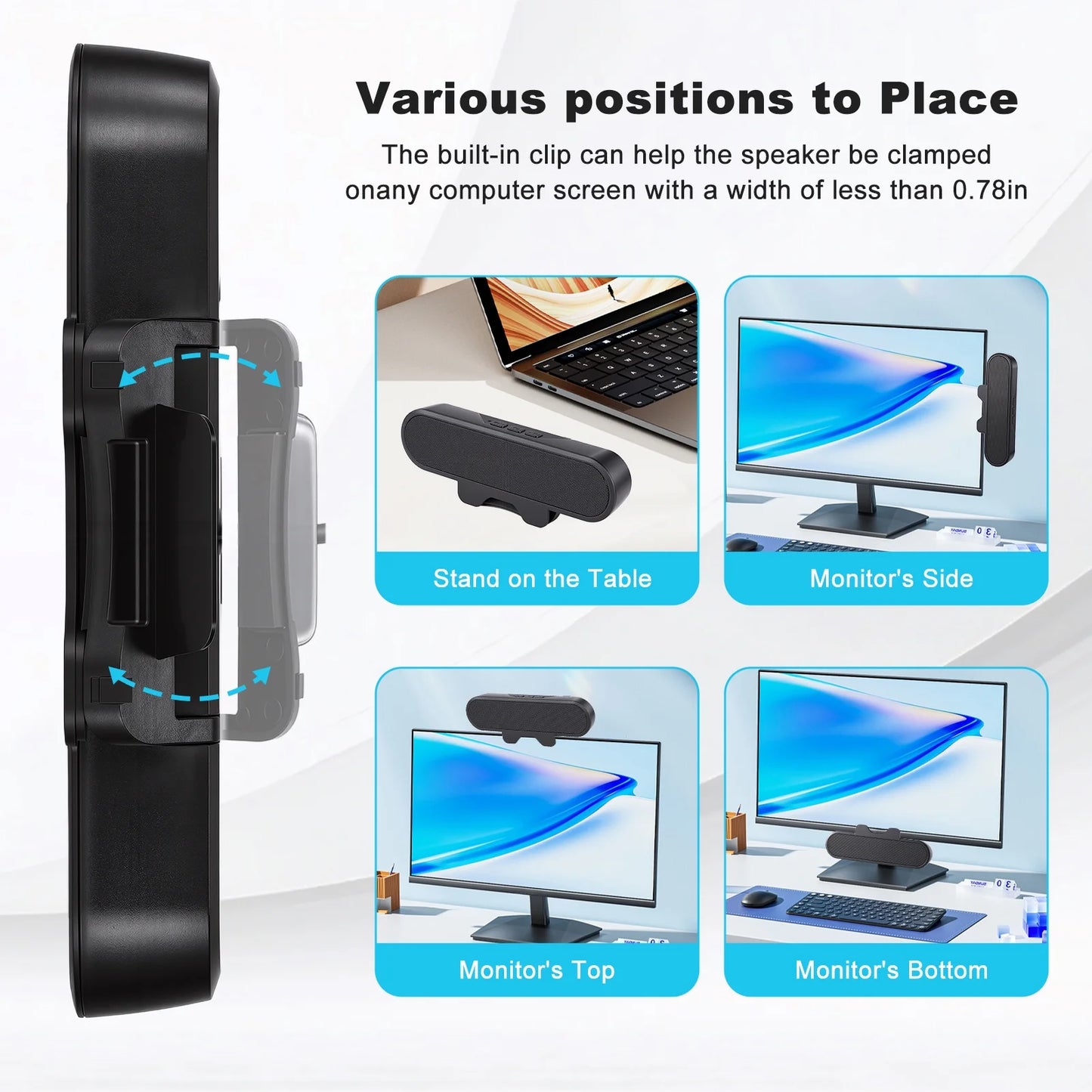Computer Speakers for Desktop Monitor, Stereo USB Powered Speaker Bar, Deep Bass Soundbar for PC, Laptop Speaker w/ Loud Sound, Volume Control Easily Clamps to Monitors, Included USB C Adapter, Black