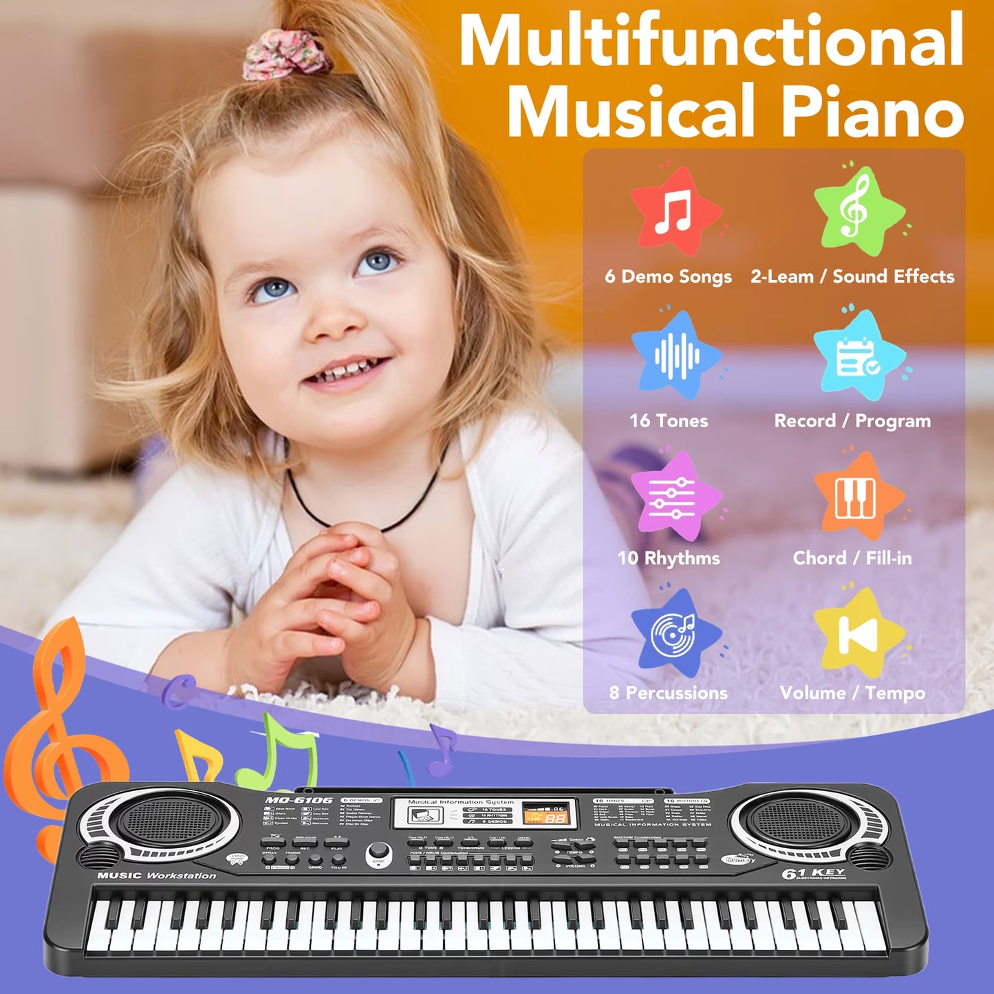 61 Keys Keyboard Piano for Kids, Portable Electronic Digital Piano for Beginners, Perfect Musical Starter Instrument, Ideal Gift for Aspiring Musicians, Electric Piano Birthday Gift for Children