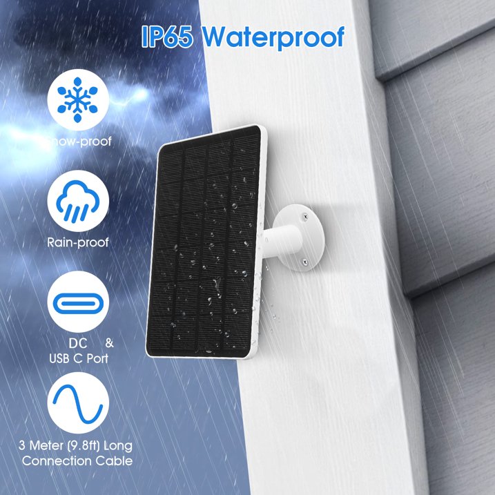 6W Solar Panel for Security Camera Outdoor, 5V USB Solar Panel Charger Compatible with Rechargeable Battery Powered Cam, IP65 Waterproof, 9.8ft Cable, 360° Adjustable Bracket, White