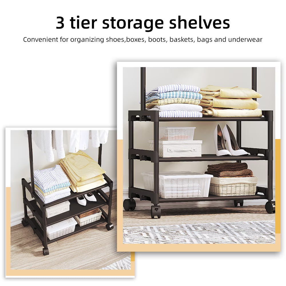 3 Tiers Clothes Rack with Wheels, Clothing Racks for Hanging Clothes and Shoes, 64.5" x 37.2" x 13.5",Black