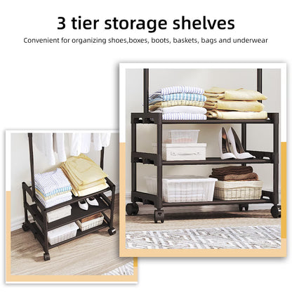 3 Tiers Clothes Rack with Wheels, Clothing Racks for Hanging Clothes and Shoes, 64.5" x 37.2" x 13.5",Black