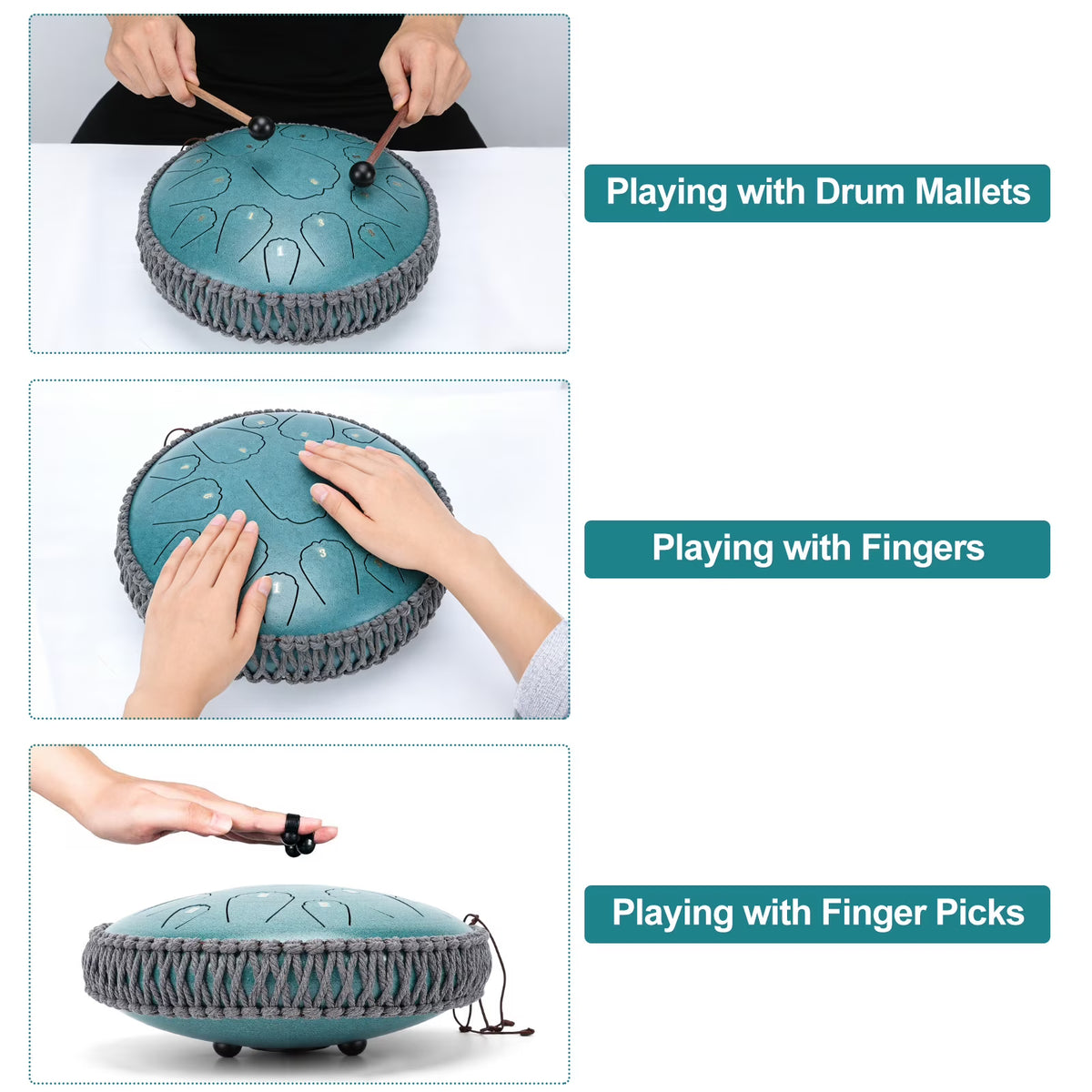 Steel Tongue Drum, 13 inches 15 Notes Tongue Drum with Handpan Drums Mallets & Carry Bag, Waterproof Meditation Rain Chime, Raindrop Drum Musical Instruments for Adult Gift, D Major, Malachite Green
