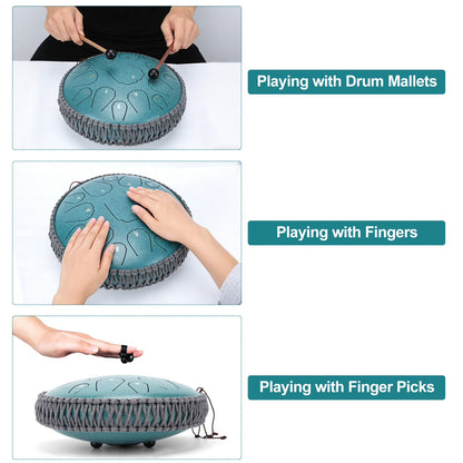 Steel Tongue Drum, 13 inches 15 Notes Tongue Drum with Handpan Drums Mallets & Carry Bag, Waterproof Meditation Rain Chime, Raindrop Drum Musical Instruments for Adult Gift, D Major, Malachite Green