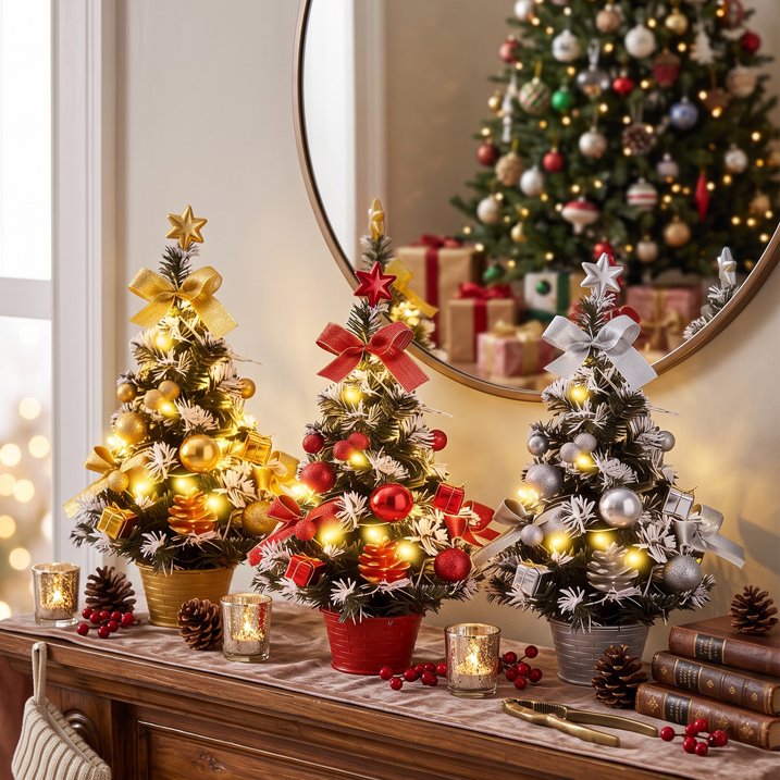 3 Pack Pre-lit Mini Christmas Tree, 16inch Snowy Flocked Tabletop Small Artificial Christmas Tree with 30 LED Lights, Berries Ball Ornaments, Perfect for Home Kitchen Desk Holiday Xmas Decorations