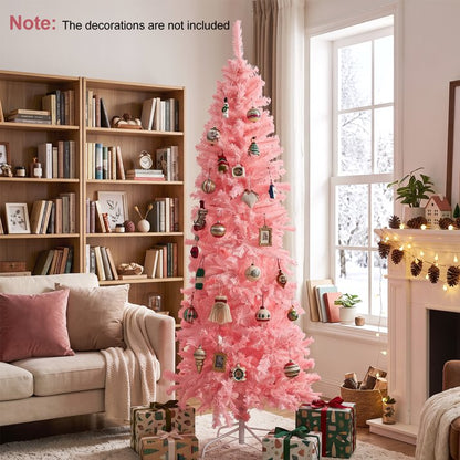 6ft Pink Artificial Pencil Christmas Tree, Unlit Slim Xmas Tree with 660 PVC Tips & Foldable Metal Stand, Full Shape, Easy to Assemble for Home Office Party Holiday Display Decoration