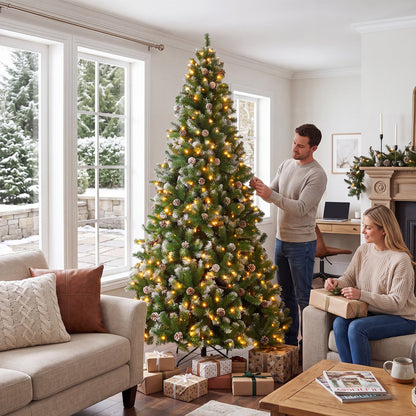 7ft Artificial Xmas Tree Realistic Fire Proof PVC Snow Flocked Xmas Tree with Pinecones String Lights Dense Branches for Home Holiday Decor