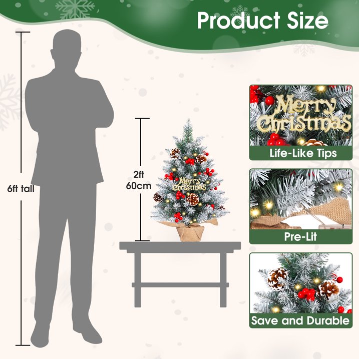 Mini Artificial Xmas Tree Set Small Tabletop Xmas Tree with Red Berries Pine Cones Lights Holiday Home Decoration
