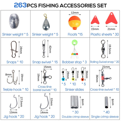 263pcs Fishing Accessories Set with Tackle Box Kit Plier Jig Hooks Sinker Weight Folats Swivels Snaps Sinker Slides,Red + White