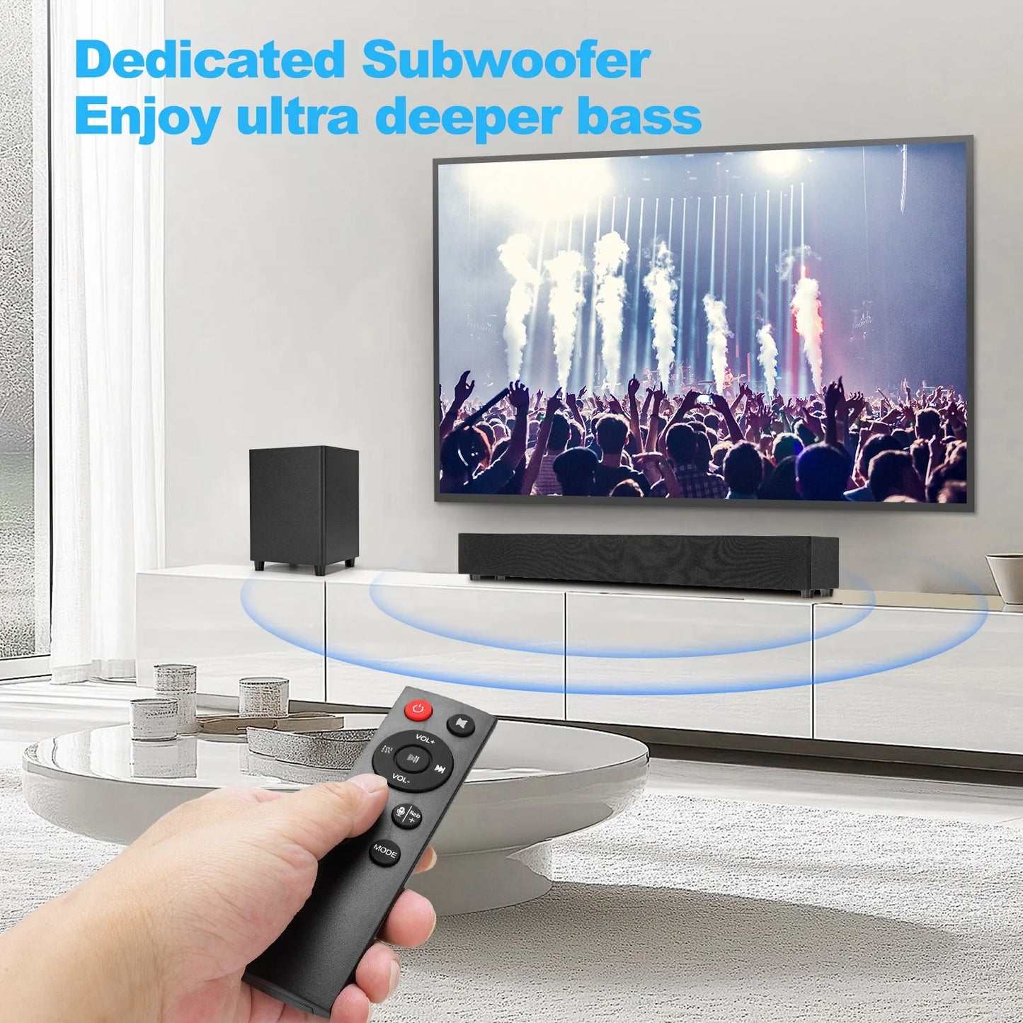 2.1ch Sound Bars for TV with Subwoofer, Bluetooth 5.0 Surround Sound System for TV, 26 Inch Soundbar for Home Theater, ARC/USB/AUX/Coaxial/Optical Connect & Remote Control, 60W Output