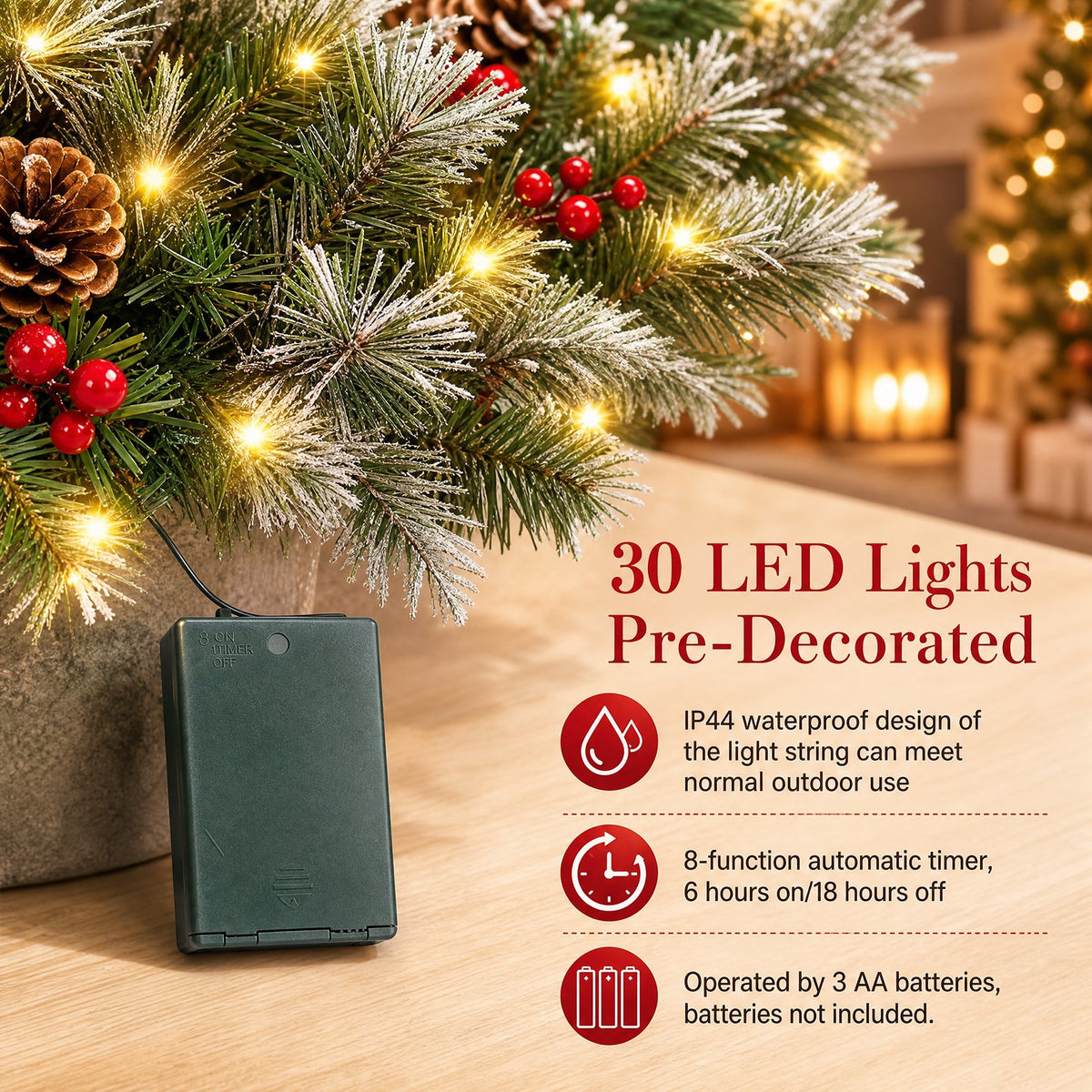 2 Pack Pathway Christmas Tree, Battery Operated Pre-Lit Artificial Small Xmas Tree Urn Filler w/LED Lights Berries and Pine Cones Ornaments for Porch, Driveway, Yard Festival Holiday Decorations