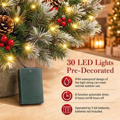 2 Pack Pathway Christmas Tree, Battery Operated Pre-Lit Artificial Small Xmas Tree Urn Filler w/LED Lights Berries and Pine Cones Ornaments for Porch, Driveway, Yard Festival Holiday Decorations