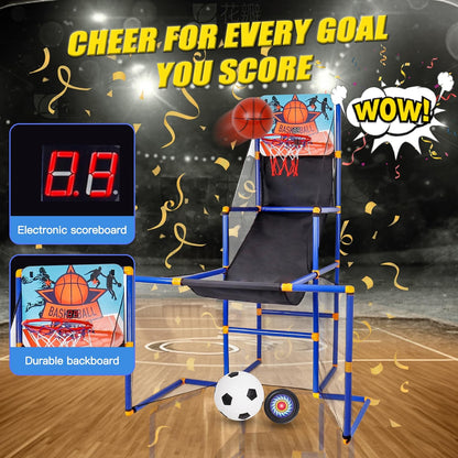 3 in-1 Kids Arcade Basketball Game & Hockey & Soccer, with 4 Basketball Balls, Football, Hockey, Hockey Stick, Pump, Electronic Scoreboard Sound for Toddlers, Basketball Goal for Kids Boys Girls